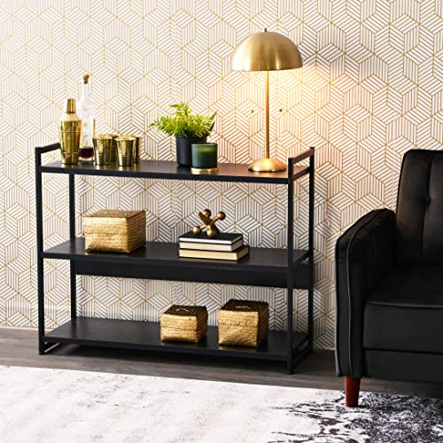 Household Essentials Jamestown Wide 3 Shelf Open Storage Bookshelf Black Oak Wood Grain and Black Metal - color: Black Oak
