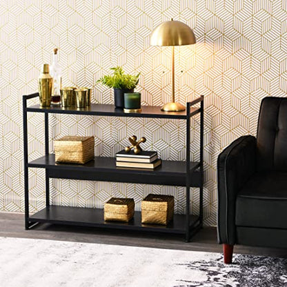 Household Essentials Jamestown Wide 3 Shelf Open Storage Bookshelf Black Oak Wood Grain and Black Metal - color: Black Oak