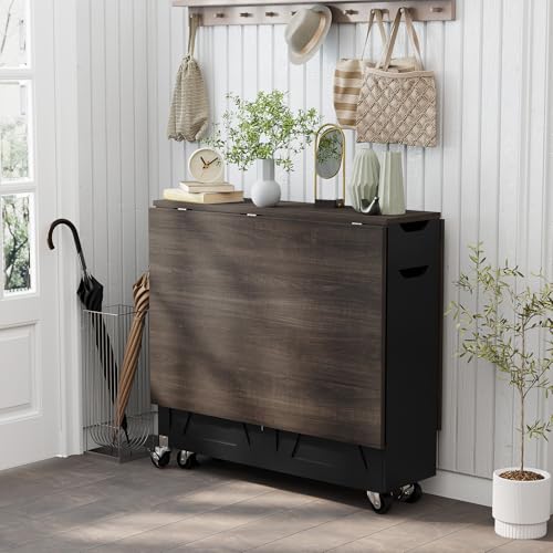 Folding Dining Table with 6 Wheels, Drop Leaf Tables for Small Spaces, Foldable Dining Table with 2-Layer Storage Rack, Kitchen Table with Drawer (Brown Wood and Black) - color: Dark Brown