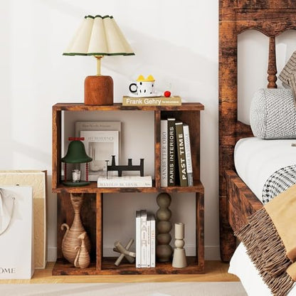 22’’ H Geometric Bookshelf, 2-Tier S-Shaped Floor Bookcase, Freestanding Open Display Book Shelf for Small Spaces, Low Side Table for Living Room & Bedroom (1, Rustic Brown) - color: Rustic Brown