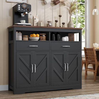 knoworld Buffet Sideboard with Storage Farmhouse with 4 Doors, 47'' Large Kitchen Storage Cabinet Wood Coffee Bar Cabinet Buffet Table with Shelves for Kitchen, Dining Room, Entryway, 47" W Black