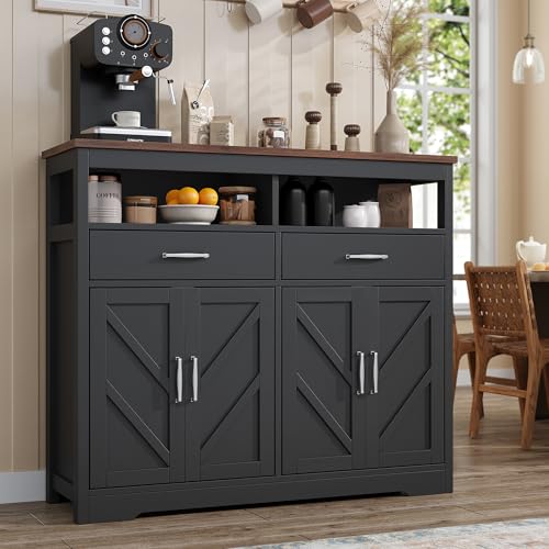 knoworld Buffet Sideboard with Storage Farmhouse with 4 Doors, 47'' Large Kitchen Storage Cabinet Wood Coffee Bar Cabinet Buffet Table with Shelves for Kitchen, Dining Room, Entryway, 47" W Black
