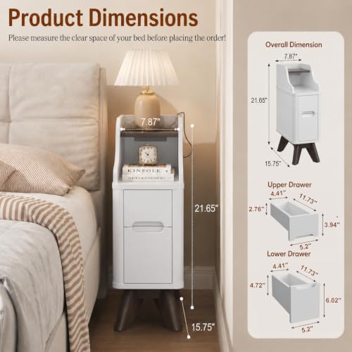 7.87"Narrow Side Table, Wood Small 2 Drawer Nightstand with Charger Station | Thin Couch Side End Table, Skinny Bedside Table Small Spaces, Mid Century Modern Night Stand with Drawers,White - color: White, size: Narrow (2 drawer)