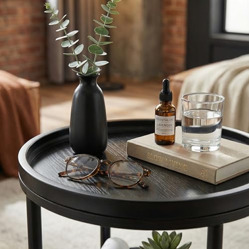 Small Round Side Table with Tray Top, 11.8" Narrow End Table, Black | 3-Tier Small Round End Table for Living Room & Bedroom, Modern Nightstand with Storage Shelf, Accent Table for Small Spaces - color: Black, style: Classic
