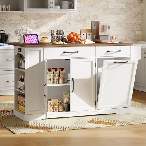RALGEND Kitchen Island with Power Outlet & Drop Leaf, Rolling Storage Cart with Trash Storage Cabinet, Farmhouse Mobile Island Table for Kitchen, Dining Room, Hidden Casters, White and Walnut - color: White + Walnut