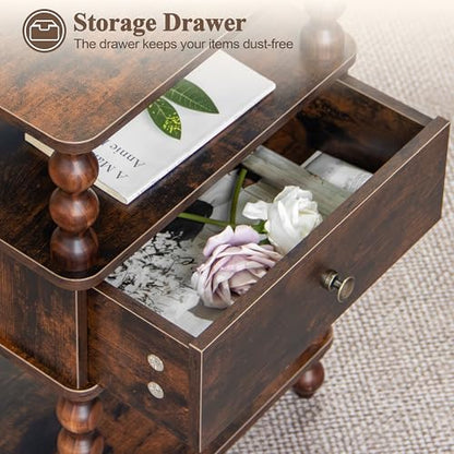 AWASEN Night Stand, Bed Side Table Bedroom with Drawer, 3-Tier Small Nightstand End Table with Storage for Small Spaces &Solid Wood Spindle Legs, Rustic Brown - color: Rustic Brown