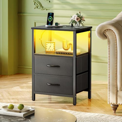 Huuger Night Stand with Charger Station and LED Lights, 2 Drawer Nightstand, Bed Side Table with Open Shelf, End Table, Fabric Drawers for Bedroom, Black - color: Black, size: 11.8"D x 15.7"W x 23.6"H（2 Drawers）