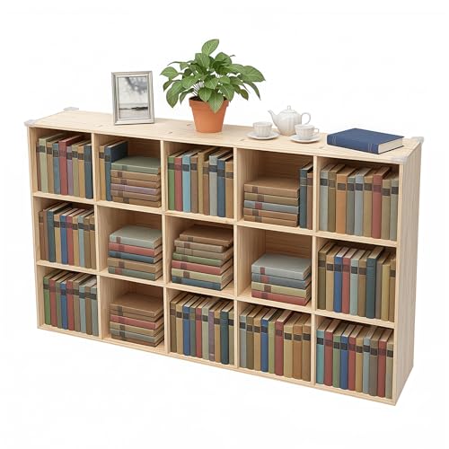 15 Cube Shelf Bookcase, 59" Wide Farmhouse Storage Organizer, Solid Wood Open Cube Low Bookcase, 3-Tier Wooden Cubby Bookcases, Floor Standing Display Cabinet for Home Office (15 Cubes)