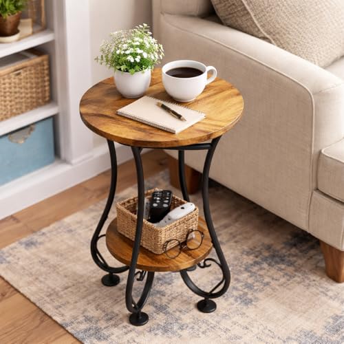 X-cosrack Small Round Side Table with Lower Shelf for Small Spaces, Compact End Table for Sofa, Bedside Nightstand, Coffee & Drink Table for Living Room, Bedroom, Balcony - color: Rustic Spliced Wood