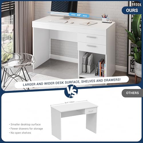 Techni Mobili 48 Inch Modern Compact Computer Desk with Drawers, White | 48 Inch modern desk with storage drawers, sturdy frame, compact design, ideal for bedrooms and home office workspaces - color: White