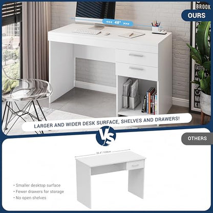 Techni Mobili 48 Inch Modern Compact Computer Desk with Drawers, White | 48 Inch modern desk with storage drawers, sturdy frame, compact design, ideal for bedrooms and home office workspaces - color: White