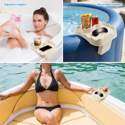 Hot Tub Table Tray Fits Width 6.7-7.8in Inflatable Spa/Pool,Beige | Foldable Hot Tub Side Table,Drink Caddy with 2 Cup Holders and Drain Holes,Non-Slip Rubber for Drinks,Phones & Snacks - color: Ivory