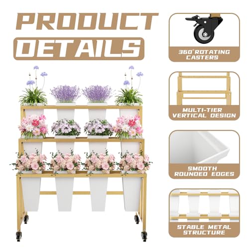 Flower Display Stand with 12 Buckets, 3 Layers Flower Bar, Gold Metal Plant Stand with Wheels, Heavy Duty Flower Cart for Indoor Outdoor Patio Garden Wedding Florist, Gold Metal Frame