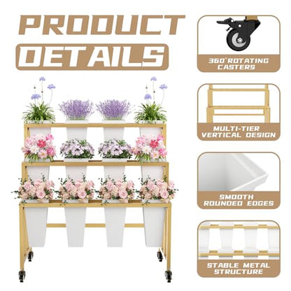 Flower Display Stand with 12 Buckets, 3 Layers Flower Bar, Gold Metal Plant Stand with Wheels, Heavy Duty Flower Cart for Indoor Outdoor Patio Garden Wedding Florist, Gold Metal Frame