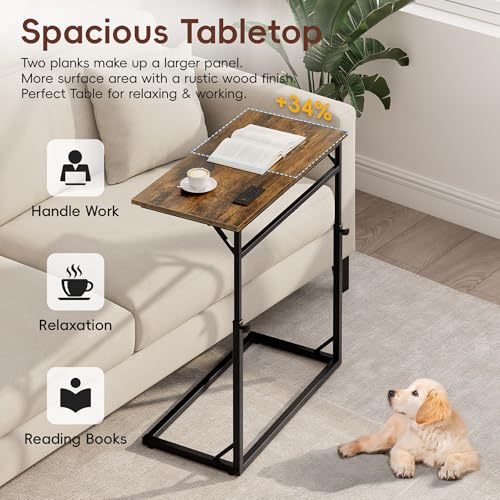 Vagusicc C Shaped End Table with Charging Station, Large C-Table End Table Adjustable Height Side Table for Couch, Couch Table Slide Under Sofa Table TV Tray Table for Sofa, Living Room, Bedroom,Brown - color: Rustic Brown, style: With Plug