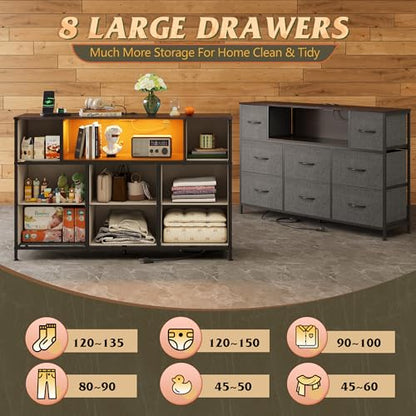 WLIVE Grey Dresser TV Stand for 45, 50, 55 inch TV, Entertainment Center with LED Lights & Charging Station, Chest of Drawers with 8 Fabric Drawers and Open Storage Shelves for Living Room, Hallway - color: Dark Gray