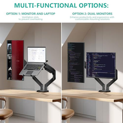 WALI Laptop Desk Mount, Dual Monitor Arm with Laptop Holder, Adjustable Height Laptop Arm Mount for Desk, Fits 17” Notebook and 32” Monitors, Up to 22Lbs (GSMP002LP), Black - size: Dual, style: Fully Adjustable Desk Mount