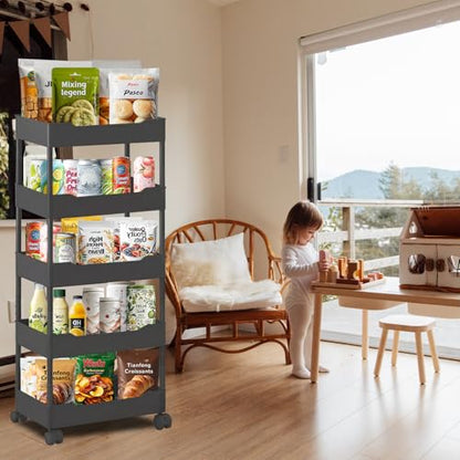 5-Tier Plastic Rolling Utility Cart, Rolling Storage Cart, Narrow Shelf, Bathroom Organizer Rolling Utility for Office, Kitchen,Bathroom,Living Room,Laundry Room