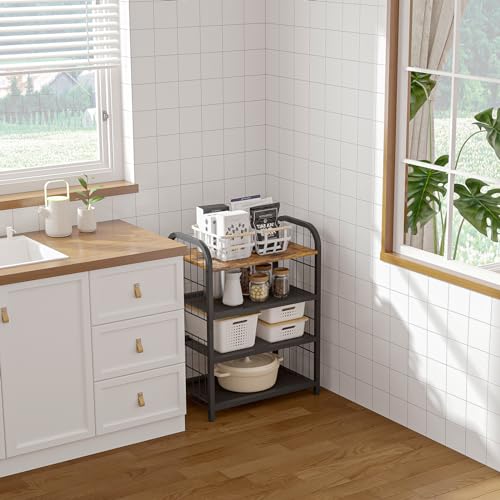 Small Shoe Rack for Entryway Closet, 4-Tier Narrow Shoe Shelf | Slim Vertical Shoe Storage Organizer with Guardrails, Metal Mesh Shelves, Wooden Top, Free Standing, for Front Door Entrance - size: 17.32" X 10.24" X 23.03"