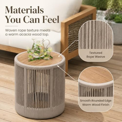 IRONORA Outdoor Rattan Rope & Acacia Wood Side Table - Patio Balcony Furniture for Garden, Yard, Balcony - Weather Resistant - color: 15-inches Beige