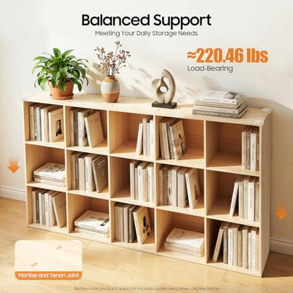 15-Cube Solid Wood Bookshelf, 3-Tier Storage Organizer Semi-Open Floor Display Shelf Closet Cabinet for Home Office Library School, 12" D x 59" W x 35" H - size: 15-Cube