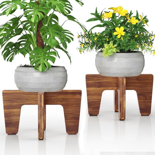 Plant Stands Indoor Outdoor, Plant Risers for Inside Pots Sturdy Short Plants Holder, Flower Pot Stand for Indoor Plants, Small Single Floor Plant Bamboo Display Stand (Brown 12“ (2 pack)) - color: Brown 12“ (2 pack)