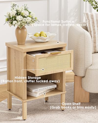Rattan Nightstand with Drawer and Open Shelf, Boho Side Table with Gold Handle, Small Night Stand, Modern Bedside Table for Bedroom, Natural - color: Natural