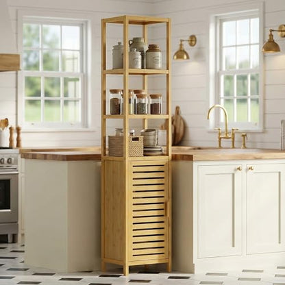HITNET Bathroom Floor Cabinet, 6 Tier Tall Thin Linen Tower Storage Cabinet Free Standing Bamboo, Kitchen Side Organizer with 3 Shelves and Cupboard, Natural - color: Natural