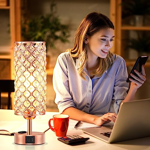 Hong-in Rose Gold Lamp Set of 2, 3-Way Crystal Table Lamp Touch Control with USB-C+A & AC Ports, Dimmable Nightstand Desk Light, Pink Bedside Table Lamp for Bedroom(Bulb Included & Set of 2) - color: Rose Gold