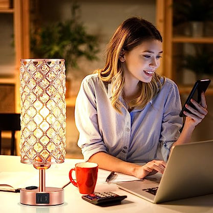 Hong-in Rose Gold Lamp Set of 2, 3-Way Crystal Table Lamp Touch Control with USB-C+A & AC Ports, Dimmable Nightstand Desk Light, Pink Bedside Table Lamp for Bedroom(Bulb Included & Set of 2) - color: Rose Gold