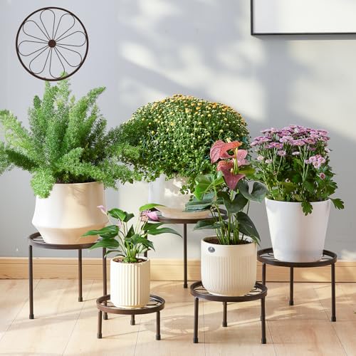 Plant Stand,5 Pack Heavy Duty Flower Pot Stands,Metal Decoration Racks,Round Plant Shelf for Planter Outdoor and indoor (Brown) - color: Brown