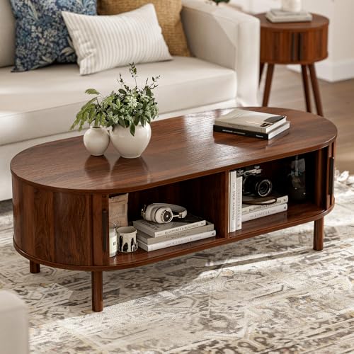 ZttRiee Oval Coffee Table with Sliding Doors, Mid-Century, Walnut | 47.24"L x 21.65"W x 16.14"H, 200 lbs capacity, 2 front & back storage areas, ~60 min assembly - color: Walnut_lsj032-wa