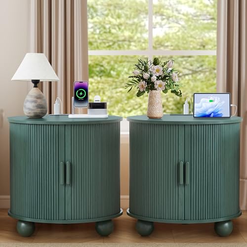 24" Fluted Round Nightstand Set of 2, Mid-Century Large Wooden End Table with Charging Station, Farmhouse Storage Side Table with Sliding Door for Bedroom Living Room (2XRound, Green) - color: Green, size: 24"-Round