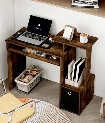 Small Computer Desk with Drawers, Wood Writing Desk with Storage Shelves for Home Office Bedroom Living Room, Walnut/Black - color: Amber Pine/Black