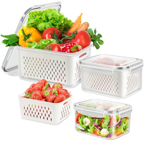 6 Pieces Large Fruit Produce Storage Containers for Fridge Keep Fresh | 3 Pack Lettuce Keeper with Colander, BPA-Free Plastic Berry Containers Vegetables Saver Refrigerator Organizer - color: 3 Sets/6 Pcs - M