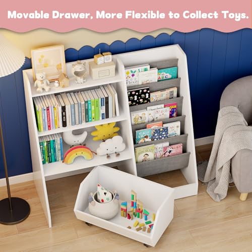 COZPAW Kids Bookshelf and Toy Storage, 4 Tier Toddler Bookshelf with Movable Drawer (White) - color: White
