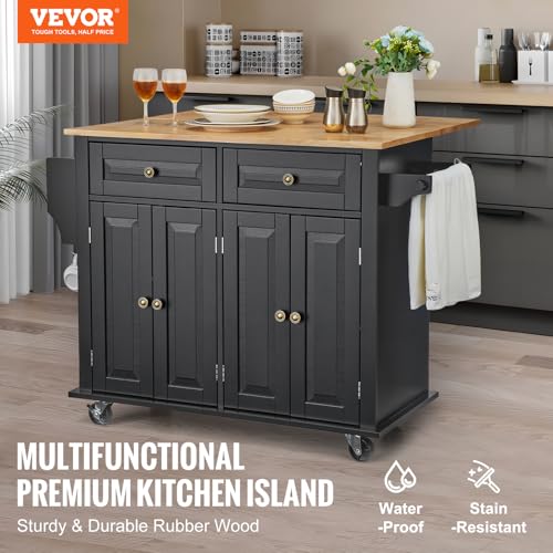 VEVOR Kitchen Island Cart, 35" Wood Top Mobile Carts with Storage Cabinet, Rolling Table with Drop Leaf, Spice Rack, Towel Bar, Adjustable Shelf, Drawer, and Hooks, Portable Islands on Wheels, Black - size: 35.4" W Drop Leaf, style: 2 Drawers & 4 Doors