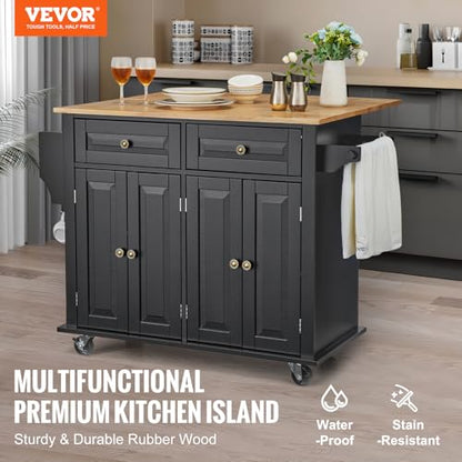 VEVOR Kitchen Island Cart, 35" Wood Top Mobile Carts with Storage Cabinet, Rolling Table with Drop Leaf, Spice Rack, Towel Bar, Adjustable Shelf, Drawer, and Hooks, Portable Islands on Wheels, Black - size: 35.4" W Drop Leaf, style: 2 Drawers & 4 Doors