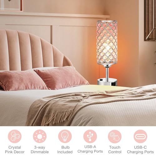 Hong-in Pink Crystal Lamp Set of 2, 3 Way Dimmable Touch Lamp for Bedroom with Crystal Shade, Bedside Nightstand Lamps for Living Room Bedroom Home Office - color: B-Pink