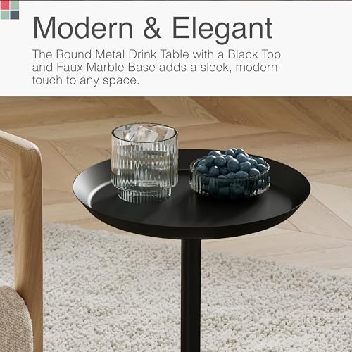 Round Metal Drink Table with Black Top and Faux Marble Base – Small Pedestal Side Table for Living Room, Bedroom, or Office – Modern Black Round Cocktail Table, Easy Assembly, Scratch-Resistant - color: Black, style: Cylinder Base