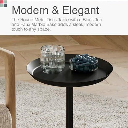 Round Metal Drink Table with Black Top and Faux Marble Base – Small Pedestal Side Table for Living Room, Bedroom, or Office – Modern Black Round Cocktail Table, Easy Assembly, Scratch-Resistant - color: Black, style: Cylinder Base