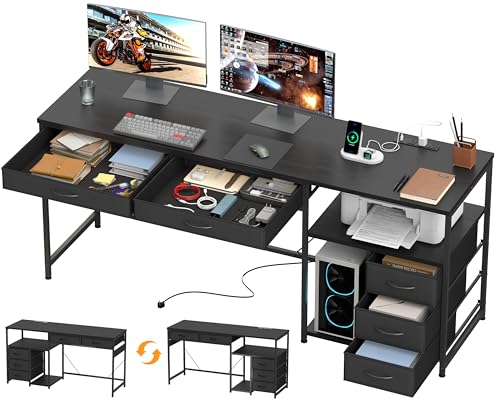 YOSHOOT 60" Computer Desk with 5 Fabric Drawers, Gaming Desk Table | Desk with Storage and Power Outlets, for Adults and Teenagers Working Writing Study, Black - color: Black, size: 18.9"D x 60"W x 30.7"H