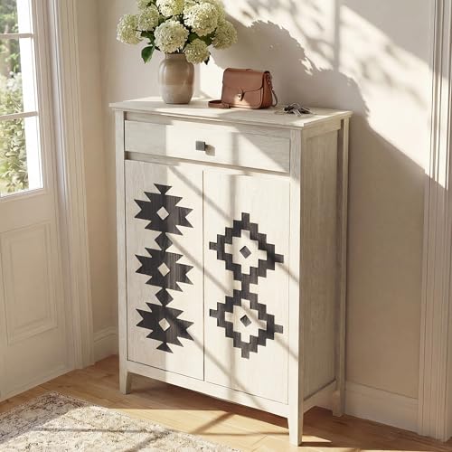 5-Tier Shoe Cabinet with Drawers, Wooden Shoe Storage Cabinet with Adjustable Shelves,Simple Tribal Style Freestanding Walnut Shoe Cabinet Suitable for Entrance,Corridor,Cloakroom,White - color: White1