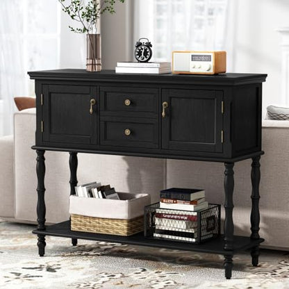 ARTPOWER Console Table with 2 Drawers, Retro Entryway Table with 2 Door Cabinets and Open Storage Shelf, Narrow Long Behind Couch Sofa Table for Living Room, Foyer, Hallway, Black - color: Black