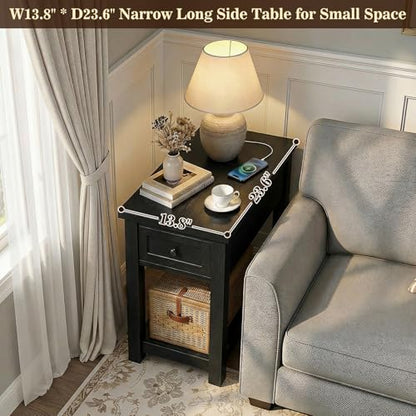 Armocity Narrow End Table with Charging Station - Farmhouse Side Table with Drawer, 14" Wide Wood Nightstand Slim Couch Bedside Table for Living Room Bedroom Small Spaces, Black - color: Black, size: 1 Pack