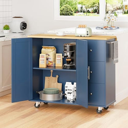 Shintenchi Kitchen Island with Folding Drop Leaf, Rolling Island Table with Storage, Kitchen Cabinet on Wheels with Seating Area for Kitchen, Bar Cart with Cabinet, Blue - color: Blue
