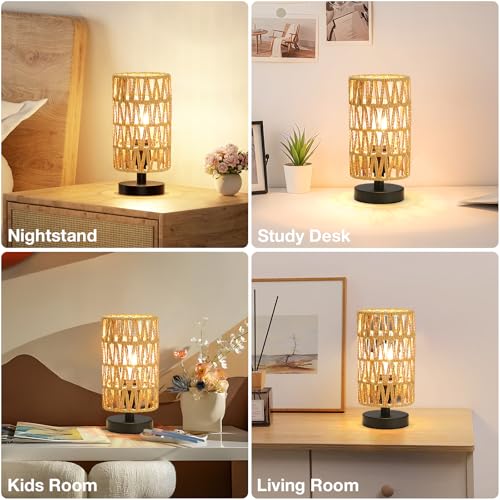 Fenmzee Small Table Lamp for Bedroom - Inline Control, Bedside Lamp with 3000K A15 LED Blub, Easy Assembly（Rattan Rope Shade-Black Base，9" Inline Control） - color: Rattan Rope Shade-Black Base