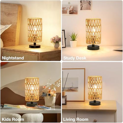 Fenmzee Small Table Lamp for Bedroom - Inline Control, Bedside Lamp with 3000K A15 LED Blub, Easy Assembly（Rattan Rope Shade-Black Base，9" Inline Control） - color: Rattan Rope Shade-Black Base
