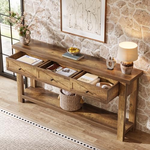Tribesigns 70.9” Console Table with 3 Drawers, Extra Long Entryway Table for Hallway, Living Room, Narrow Sofa Table Behind Couch with Storage Shelf, Rustic Brown Wood Foyer Furniture