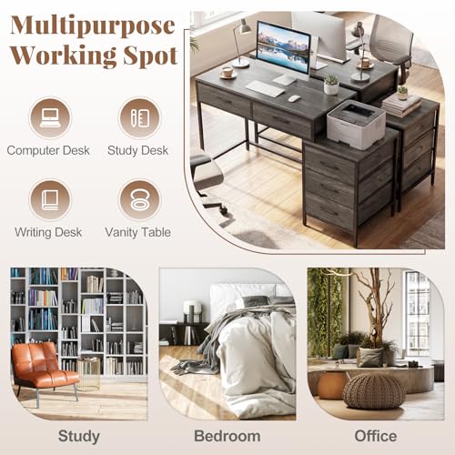 Tangkula Reversible Computer Desk with 5 Drawers, 51-Inch Home Office Desk with Drawers & Printer Stand, Industrial Writing Study Desk, Laptop PC Desk Workstation for Bedroom, Small Spaces (Grey) - color: Grey